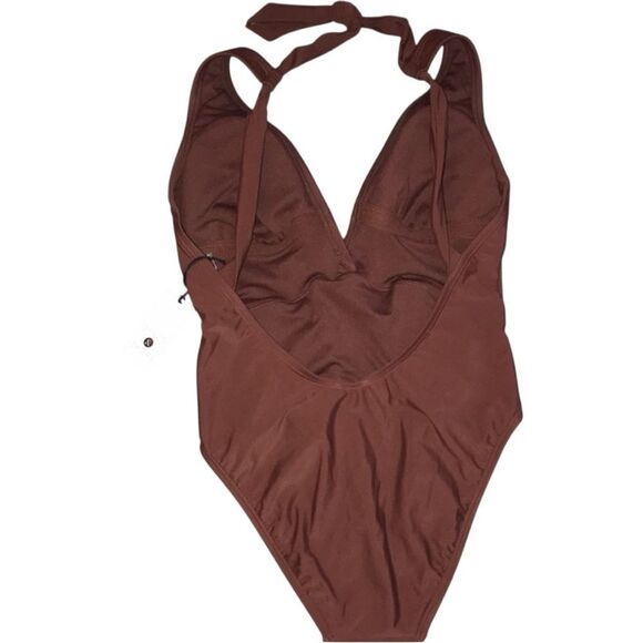 Shade & Shore ~ NEW Cocoa Brown One-Piece Twist Front Plunge Women’s Swimsuit - Picture 3 of 11